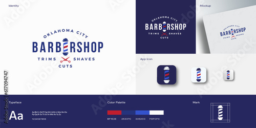Retro Barbershop Abstract Vector Emblem Logo Template. Vintage Typography and Barbers Pole as Letter E. Concept Identity Guide with Modern Typography Realistic Mock Up Isolated
