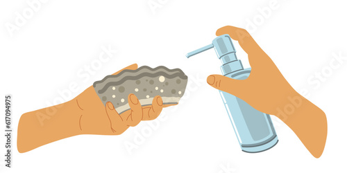 People hands doing house cleaning routine close up vector illustration. Palms with cleaning sponge and soap dispenser spray bottle flat style drawing Isolated