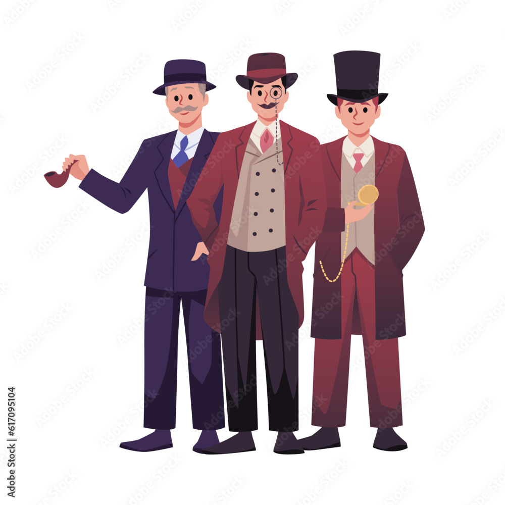 Vector european Victorian gentlemen, aristocrats in elegant suits, coats and hats with watch and glasses, smoking pipe