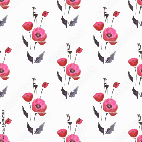 Seamless pattern  a bouquet of poppies on a white background  wild flowers  pattern  paper texture  paint texture.