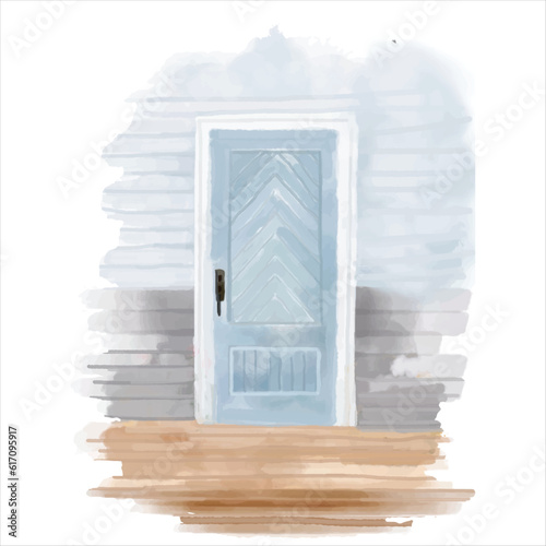 watercolor blue door with light grey wall n wooden path vector