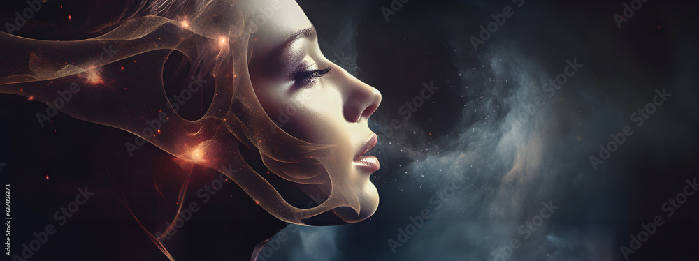 Beautiful female face on space dark background, Beautiful female face on space dark background,