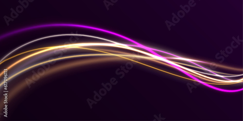 Speed effect motion 3d  neon light trails made with ultra violet and blue laser light. Semicircular wave  light trail curve swirl  incandescent optical fiber png vector. 