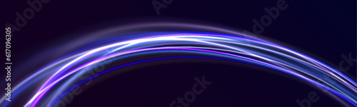 3d speedy neon light trails made with ultra violet and blue laser light. High speed effect motion blur night lights. semicircular wave, light trail curve swirl, incandescent optical fiber png vector. 