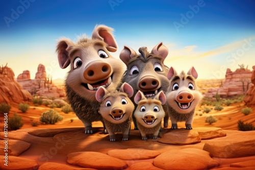 Cute Cartoon Javelina Family in the Desert photo