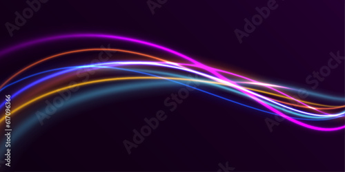 3d speedy neon light trails made with ultra violet and blue laser light. High speed effect motion blur night lights. semicircular wave, light trail curve swirl, incandescent optical fiber png vector.	