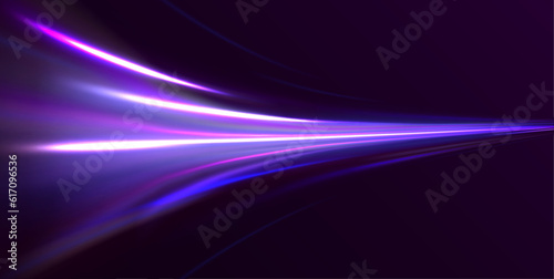 Speedy neon light trails made with ultra violet and blue laser light. High speed effect motion blur night lights. semicircular wave, light trail curve swirl, incandescent optical fiber png vector.	