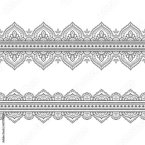 Set of Seamless borders pattern for Mehndi, Henna drawing and tattoo. Decoration in ethnic oriental, Indian style. Doodle ornament. Outline hand draw vector illustration.