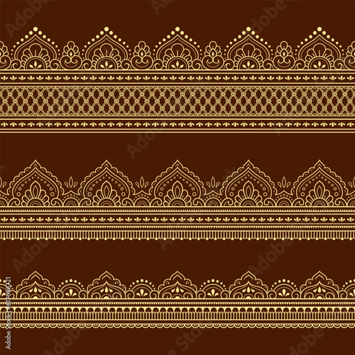 Set of Seamless borders pattern for Mehndi, Henna drawing and tattoo. Decoration in ethnic oriental, Indian style. Doodle ornament. Outline hand draw vector illustration.