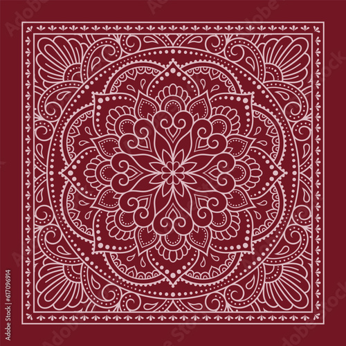Circular pattern in form of mandala with flower for Henna, Mehndi, decoration. Red decorative ornament in ethnic oriental style for a bandana. Outline doodle hand draw vector illustration.