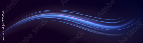 Dynamic translucent soft gradient stream motion. Violet neon color wave. Blue glowing shiny lines effect vector background. Light trail wave, fire path trace line and incandescence curve twirl. 