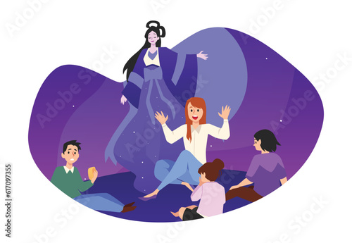Woman telling legends about Chang goddess, flat vector illustration isolated on white background.