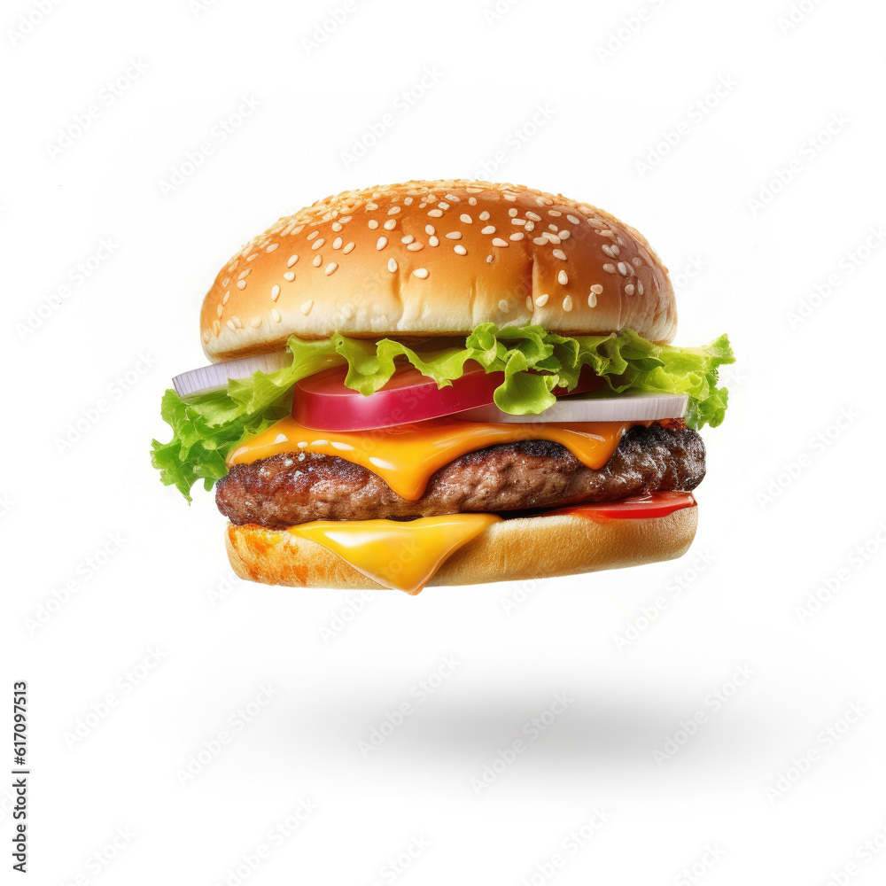 Fresh tasty burger isolated on white background. Generative AI Fresh tasty burger isolated on white background. Generative AI