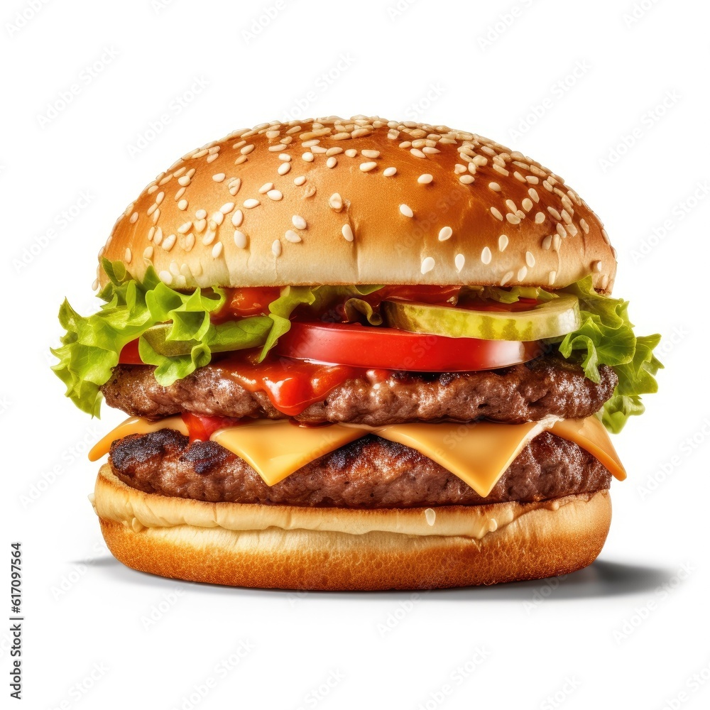 Fresh tasty burger isolated on white background. Generative AI Fresh tasty burger isolated on white background. Generative AI