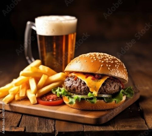 Beer with burger and fries with frosted rim on a table. Generative AI