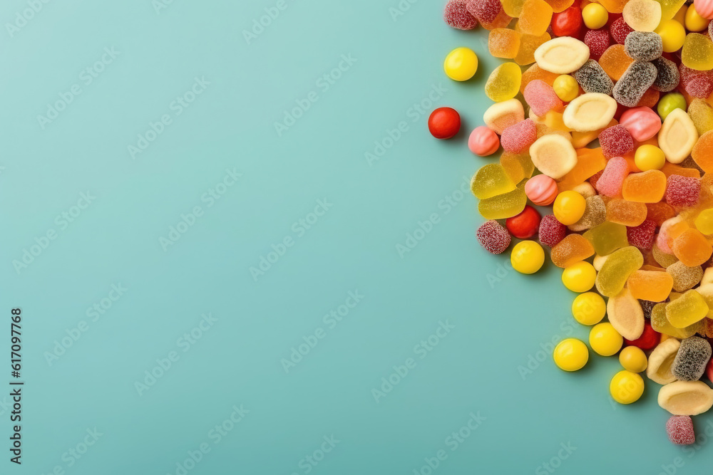 different candy lay flat over a vibrant studio background with space for text