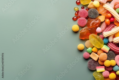 different candy over a green vibrant studio background with space for text