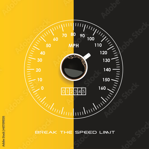 Cup of coffee with a speed boost vector design, speedometer, car, speed, time, clock, dashboard, meter, black, gauge, tachometer, hour, illustration, auto, dial, vector, control, measure, arrow, timer