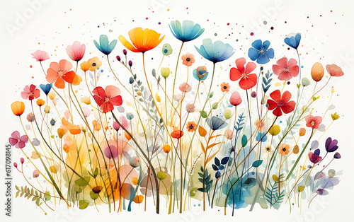 set in stile acquerello di fiori arcobaleno, tipologie diverse, ghirlande colorate, fondo bianco scontornabile, 