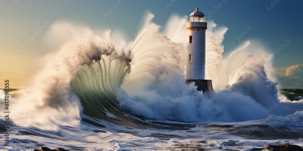 lighthouse with waves splashing
