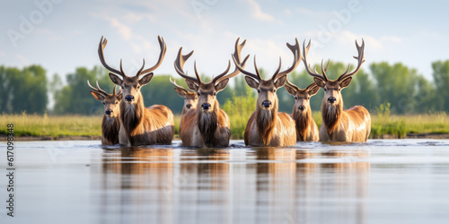 group of deer crossing water. animals wildlife