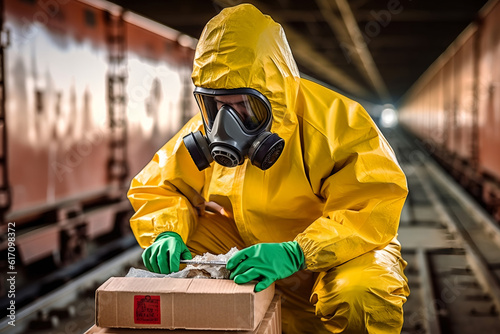 Fiction person in the hazmat suit in the different locations working with dangerous materials AI Generated image  photo