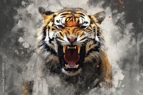 tiger  form and spirit through an abstract lens. dynamic and expressive tiger print by using bold brushstrokes, splatters, and drips of paint.  tiger raw power and untamed energy photo