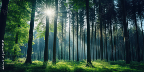 nature background with forest with sun rays © mimadeo