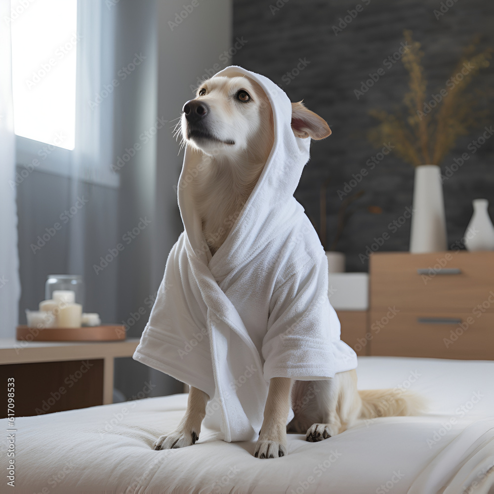 Ilustração do Stock: Dog in grooming salon after shower wrapped in ...