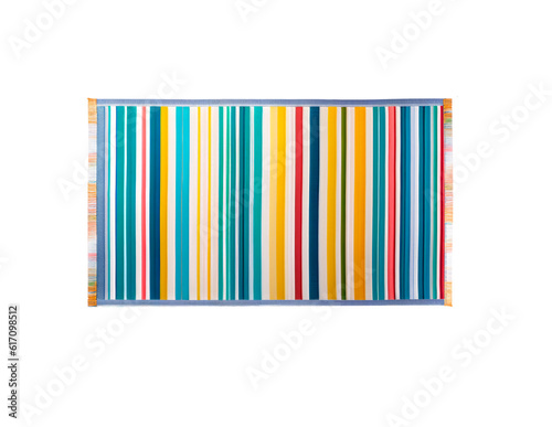 Multicolored carpet with fringe. Strips of yellow, blue, green, red, white colors.