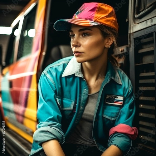 A young beautiful woman at her lorry or a cargo truck and up to drive through the coountry photo