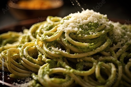Pasta with pesto sauce and parmesan cheese. Generative Ai image