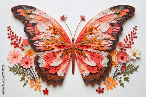 Floral Wings: A Paper-Cut Butterfly with Blooming Flower Wings, Celebrating Ecosystems and Biodiversity. Generative AI Art Illustration	
