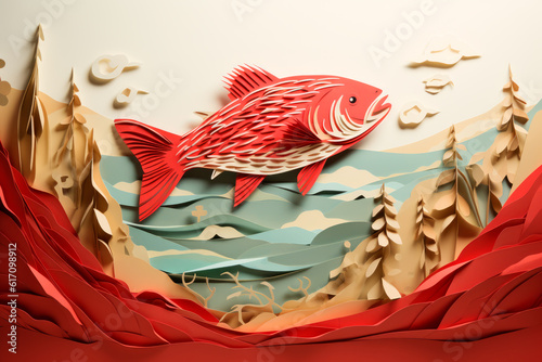 River Guardians: A Paper-Cut Fish in a Clean Waterway, Advocating for Freshwater Ecosystem Preservation. Generative AI Art Illustration	