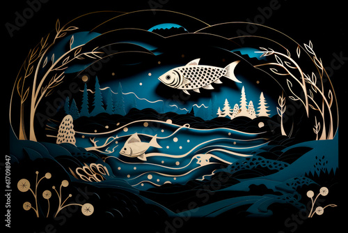 Preserving Aquatic Life: A Paper-Cut Image of a Fish in a Pristine River, Promoting Freshwater Conservation. Generative AI Art Illustration	