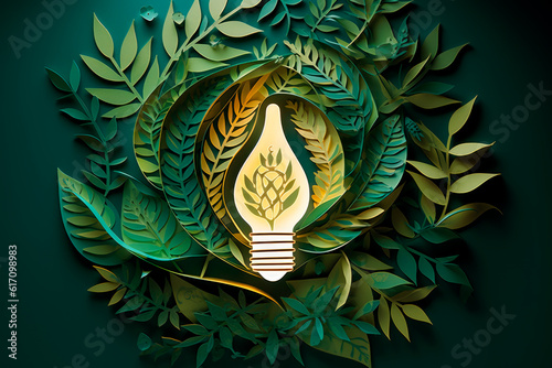 A paper-cut image of a light bulb surrounded by leaves, representing energy-efficient practices and reducing carbon emissions. Generative AI Art Illustration	