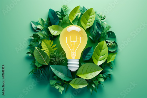 Green Illumination: A Paper-Cut Light Bulb Surrounded by Leaves, Symbolizing Energy Efficiency. Generative AI Art Illustration	