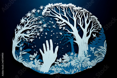 A paper-cut depiction of a hand reaching out to protect a fragile Earth, inspiring environmental stewardship and conservation. Generative AI Art Illustration	