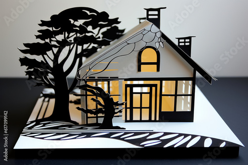 A paper-cut image of a solar panel integrated into a house, symbolizing the use of renewable energy for a sustainable future.. Generative AI Art Illustration	