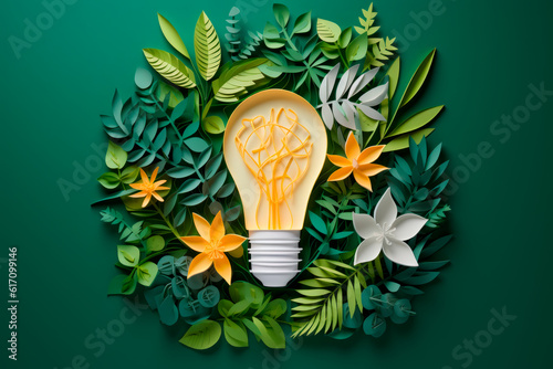 Leafy Enlightenment: A Paper-Cut Illustration of a Light Bulb Embraced by Nature, Advocating for Energy Efficiency. Generative AI Art Illustration	