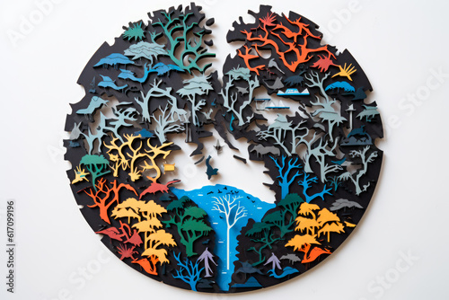 Safeguarding Our World: A Paper-Cut Image of Interlocking Puzzle Pieces Emphasizing Conservation. Generative AI Art Illustration	