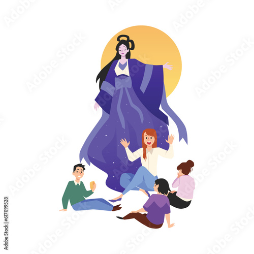 Woman telling children story about Chinese goddess of moon, flat vector illustration isolated on white background.