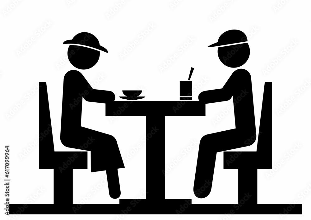 Fototapeta premium two people sitting in a restaurant, drinking woman and man, black silhouette, vector web symbol, illustration