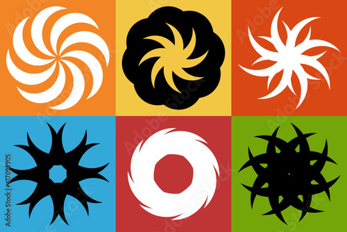 Abstract rotating figures in colorful squares. Geometric vector pattern.