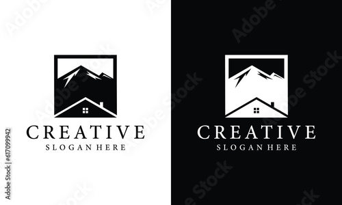House in the mountain area. Vector logo template.on a black and white background.