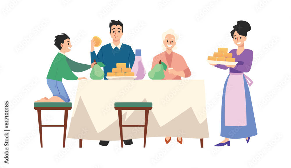 Happy family sitting at table eating mooncake, flat vector illustration isolated on white background.