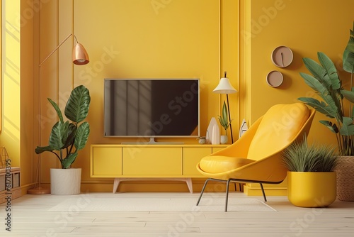 Interior of a yellow living room with a plant, TV stand, and chair. Generative AI