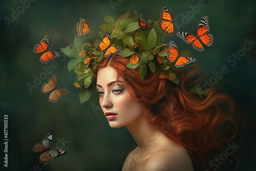 Lady in a green garden with butterflies in her hair, in the style of bio-art, with delicate flowers and light orange and green tone. Generative AI photo