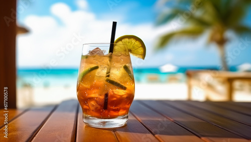 Tropical cocktail in a beautiful glass on a Wooden tabletop on a blurred background of a white sand beach with some people. AI Generated