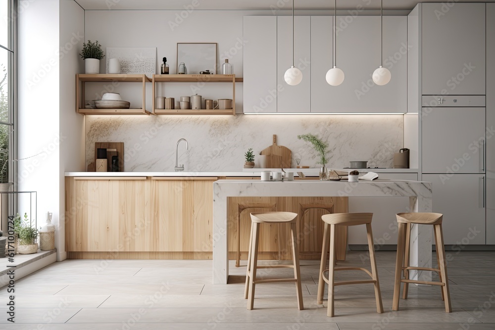 Interior scene and mockup, corner kitchen in Scandinavian design, made of marble and wood, dining table and bar stools. Generative AI